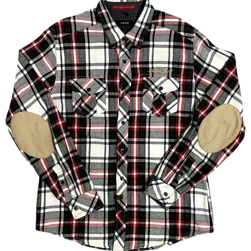 Akoo Have Teeth Will Bite Shirt Mens L Plaid Clothiers Oxford Street Patched Y2K